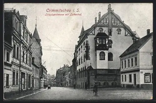 AK Crimmitschau i. S., Leipzigerstrasse mit Lutherhof