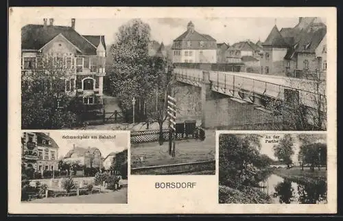 AK Borsdorf / Sa., Schmuckplatz am Bahnhof, Ortsansicht mit Brücke