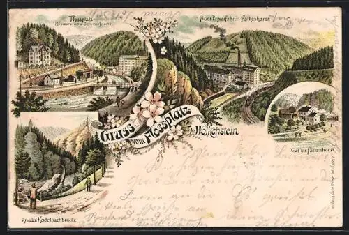 Lithographie Wolkenstein, Gasthaus zum Flossplatz, Bunt-Papierfabrik Falkenhorst
