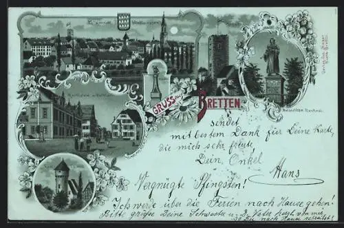 Mondschein-Lithographie Bretten, Marktplatz mit Rathhaus, Melnchton-Denkmal, Totalansicht, Wappen