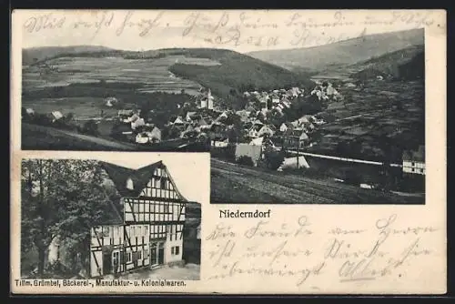 AK Niederndorf / Freudenberg, Bäckerei-Handlung Grümbel, Gesamtansicht aus der Vogelschau