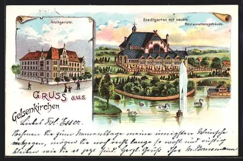 Lithographie Gelsenkirchen, Gasthaus im Stadtgarten mit Springbrunnen, Amtsgericht