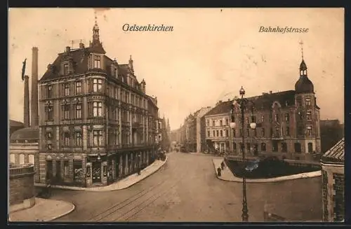 AK Gelsenkirchen, Bahnhofstrassse mit Geschäftshaus aus der Vogelschau