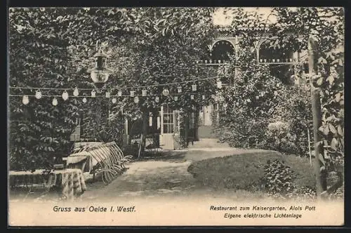 AK Oelde i. W., Restaurant zum Kaisergarten A. Pott, Gartenansicht mit Lampions