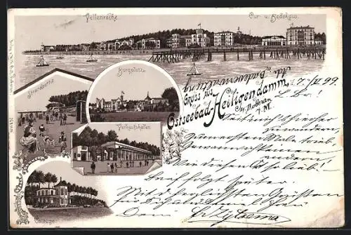 Lithographie Heiligendamm /Ostsee, Cottage, Verkaufshallen, Burgplatz, Villenreihe mit Cur- u. Badehaus