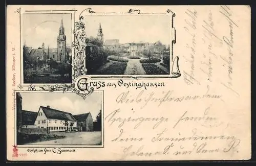 AK Oestinghausen, Gasthof zum Stern C. Sauerland, Ortspartie mit Anlagen, Kirche