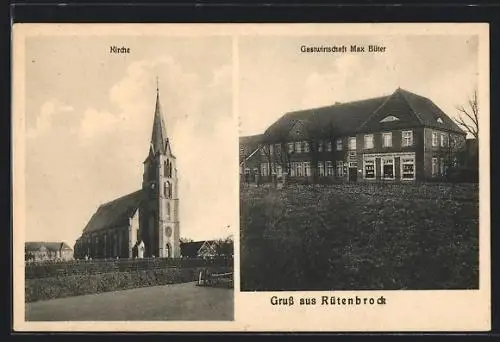 AK Rütenbrock, Gasthaus Max Bütter, Kirche