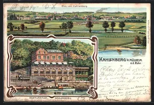 Lithographie Kahlenberg bei Mühlheim /Ruhr, Gaststätte Restauration Kahlenberg, Blick vom Kahlenberg