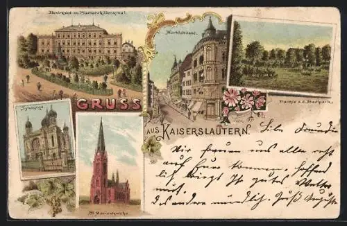 Lithographie Kaiserslautern, Synagoge, St. Marienkirche, Marktstrasse, Parthie a. d. Stadtpark