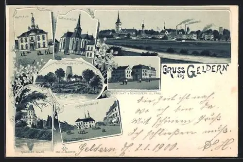 Lithographie Geldern, Grosser Markt, Rathaus, Windmühlen-Turm, Schloss Haag