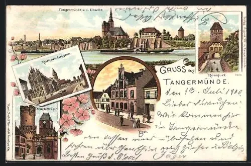 Lithographie Tangermünde, Rossfurt, Rathaus, Neustädter Thor