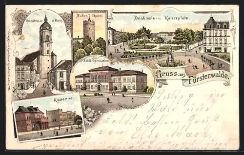 Lithographie Fürstenwalde / Spree, Denkmals- u. Kaiserplatz, Bullenturm, Kirchstrasse, Dom, Kaserne, Gymnasium