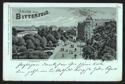 Mondschein-Lithographie Bitterfeld, Lindenstrasse mit Hotel Kaiserhof aus der Vogelschau