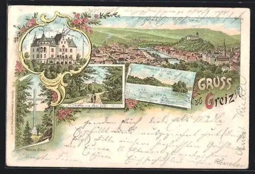 Lithographie Greiz, Oddefellow-Heim, Weisses Kreuz, Parthie aus dem Park