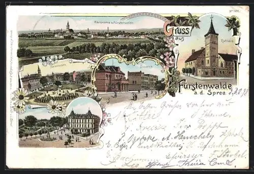 Lithographie Fürstenwalde a. d. Spree, Kaiserplatz, Caserne, Denkmalplatz, Rathaus