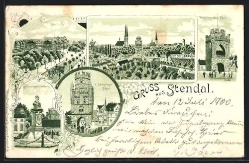 Lithographie Stendal, Nachtigalldenkmal, Bahnhof, Teilansicht