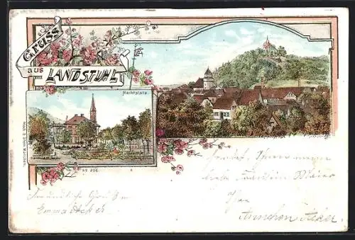 Lithographie Landstuhl, Teilansicht, Marktplatz