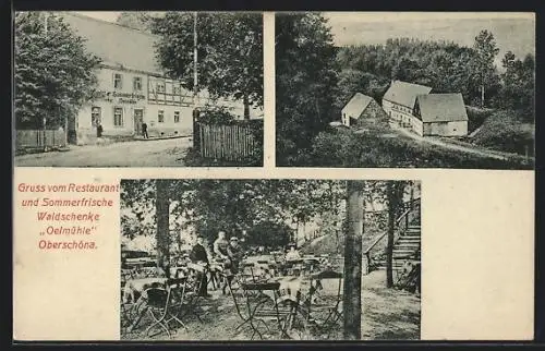 AK Oberschöna, Restaurant Waldschenke Oelmühle, Garten, Ortspartie