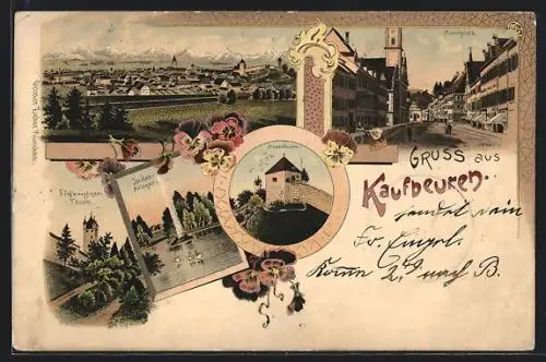 Lithographie Kaufbeuren, Marktplatz, Hexenturm, Jordan-Anlagen