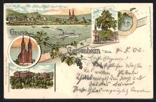 Lithographie Geisenheim a. Rh., Königl. Lehranstalt, alte Linde, Ortspanorama
