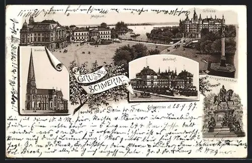 Lithographie Schwerin / Meckl., Bahnhof, Domkirche, Denkmal des Grossherzogs Friedrich Franz II.