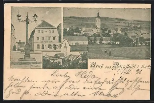AK Bernstadt /Sa., Geschäftshaus Emil Schmorrde, Ortsansichten mit Kirche
