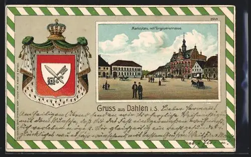 Passepartout-Lithographie Dahlen i. S., Marktplatz mit Torgauerstrasse, Wappen