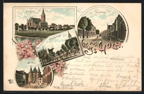 Lithographie Goch, Pfarrkirche, Marktplatz, Steinthor, Vossstrasse