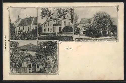 AK Jahna, Restaurant von E. Silbermann, Pfarrhaus, Kirche
