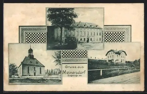 AK Meinersdorf /Erzgebirge, Gasthof Meinersdorf, Kirche, Haushaltungs-Schule