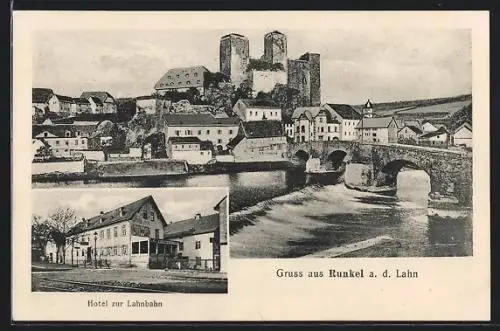 AK Runkel a. d. Lahn, Hotel zur Lahnbahn, Ortsansicht