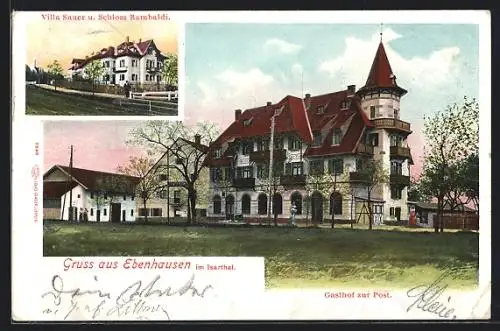 AK Ebenhausen im Isarthal, Gasthaus zur Post, Villa Sauer und Schloss Rambaldi