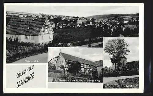 AK Schwarz / Grebenau, Gasthaus zum Hirsch, Kirche, Ortsansicht