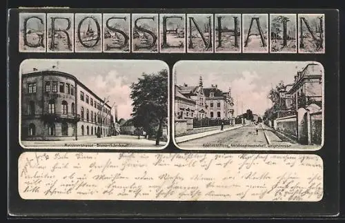 AK Grossenhain / Sa., Meissnerstrasse, Bismarckdenkmal, Hotel, Langestrasse, Amalienstiftung, Amtshauptmannschaft