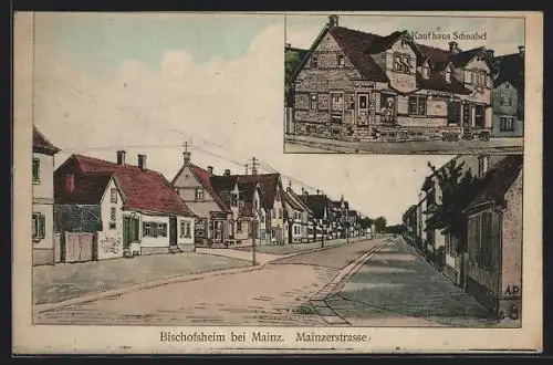 Künstler-AK Bischofsheim / Mainz, Kaufhaus Schnabel, Blick in die Mainzerstrasse