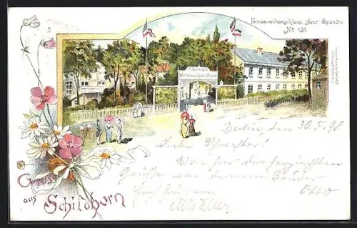 Lithographie Berlin-Schildhorn, Ansichten von R. Schmidts Gasthaus Schildhorn