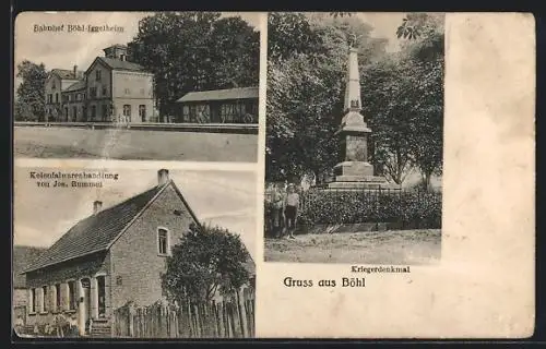AK Böhl / Iggelheim, Bahnhof, Kolonialwarenhandlung Jos. Bummel, Kriegerdenkmal
