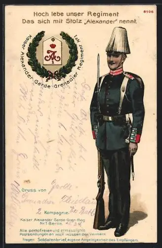 AK Berlin, Kaiser Alexander Garde Grenadier Regiment No. 1, Soldat in Uniform, Am Kupfergraben