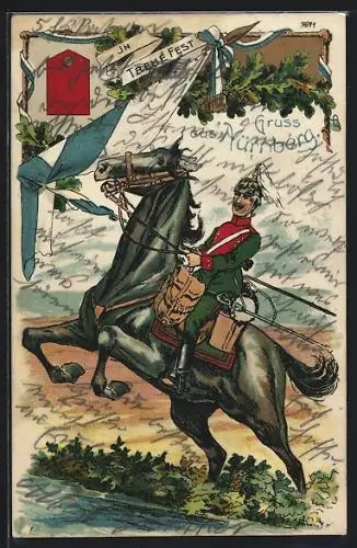 Künstler-AK Nürnberg, Kavallerist in Uniform auf steigendem Pferd