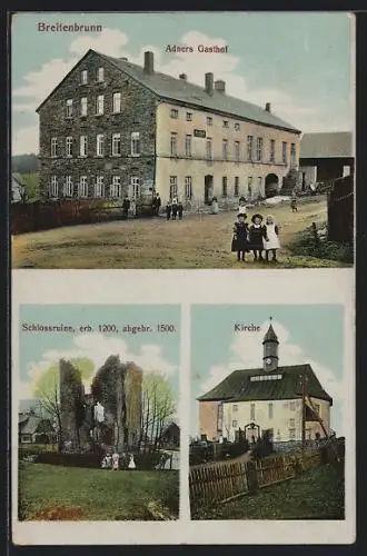 AK Breitenbrunn / Erzg., Adners Gasthof, Kirche, Schlossruine