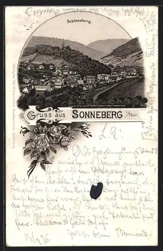 Lithographie Sonneberg / Thür., Ortsansicht m. Blick auf den Schlossberg