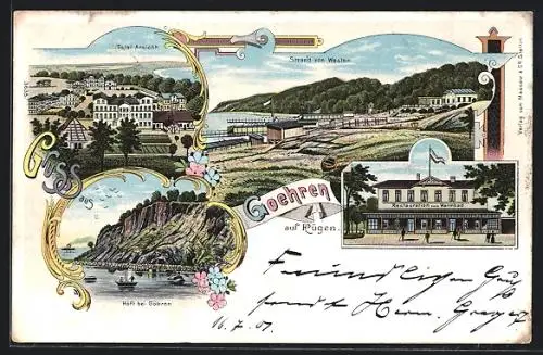 Lithographie Göhren / Rügen, Restaurant zum Warmbad, Strand von Westen, Höft