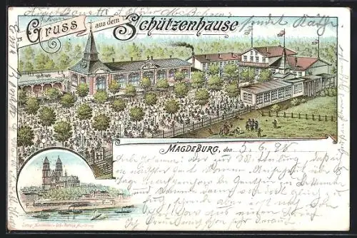 Lithographie Magdeburg, Gasthof Schützenhaus, Uferpartie mit Kirche