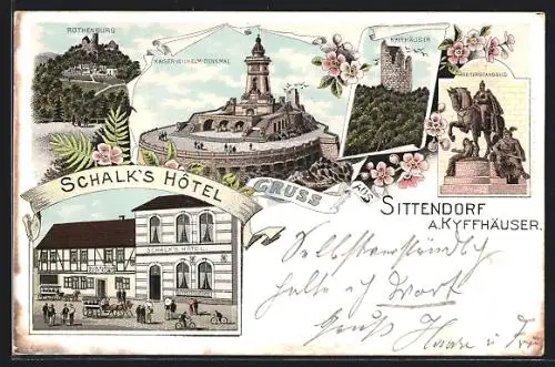 Lithographie Sittendorf a. Kyffhäuser, Schalk`s Hotel, Kaiser-Wilhelm-Denkmal, Reiterstandbild