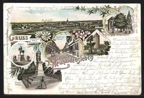 Lithographie Neuhaldensleben, Roland, Magdeburger Strasse, St. Marienkirche