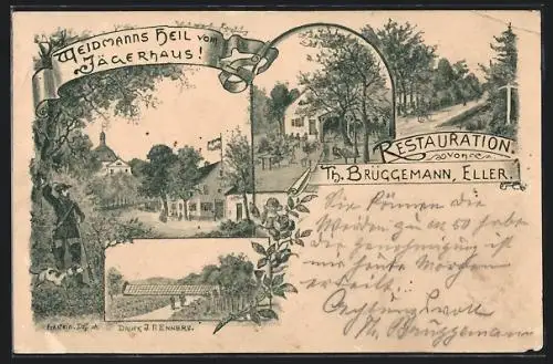 Künstler-AK Eller bei Düsseldorf, Restaurant Jägerhaus Th. Brüggemann, Garten, Gewächshaus