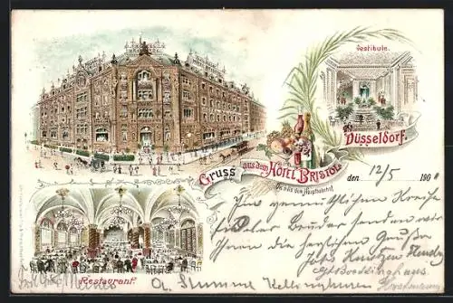 Lithographie Düsseldorf, Hotel Bristol mit Vestibül und Restaurant