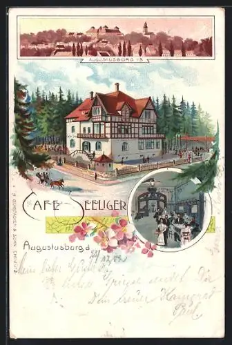 Lithographie Augustusburg, Café Seeliger, Ortsansicht