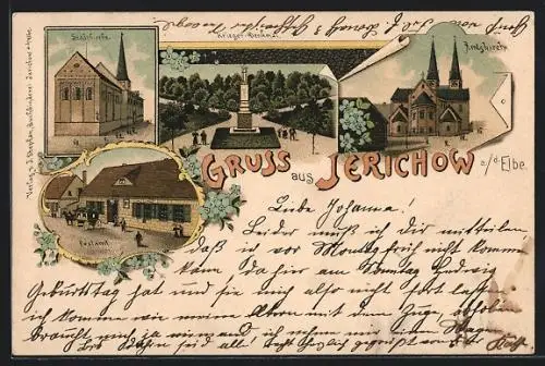 Lithographie Jerichow a. d. Elbe, Postamt, Stadtkirche, Krieger-Denkmal