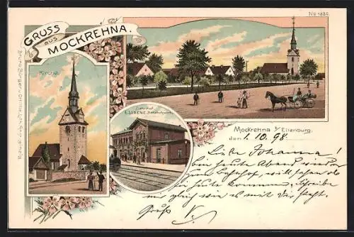 Lithographie Mockrehna b. Eilenburg, Bahnhof mit Gasthaus E. Lorenz, Kirche